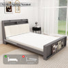 Full size bed frame with ergonomic upholstered headboard, hidden storage, and open shelves for books and decor.
