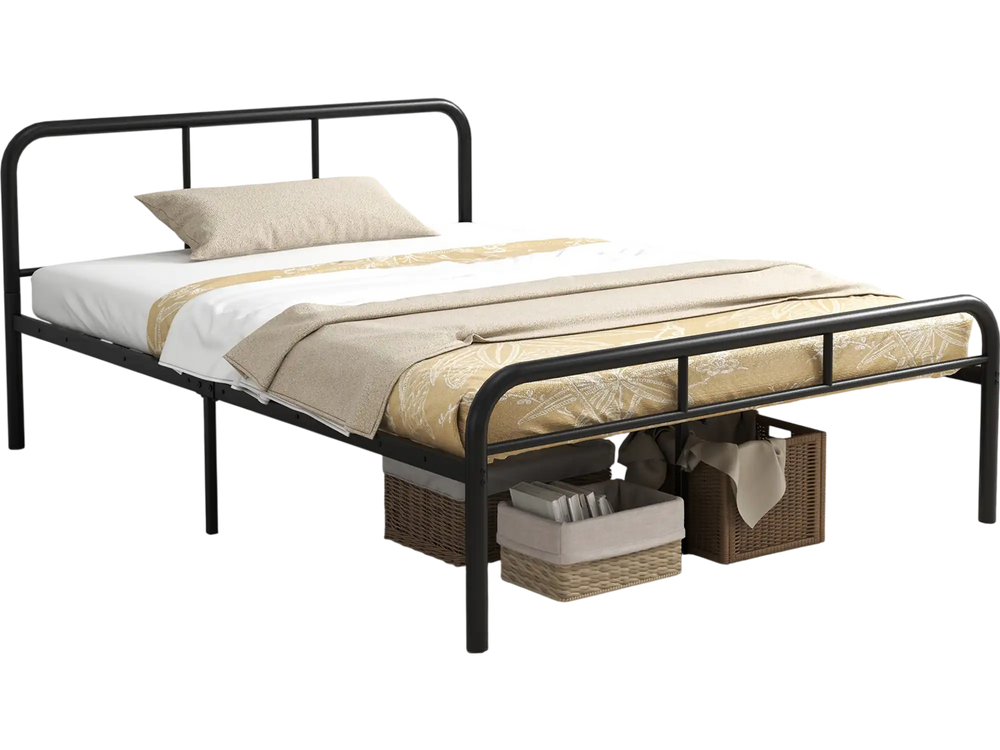 Full black bed frame with headboard and footboard, featuring 12-inch under-bed space and sturdy metal slats for support.