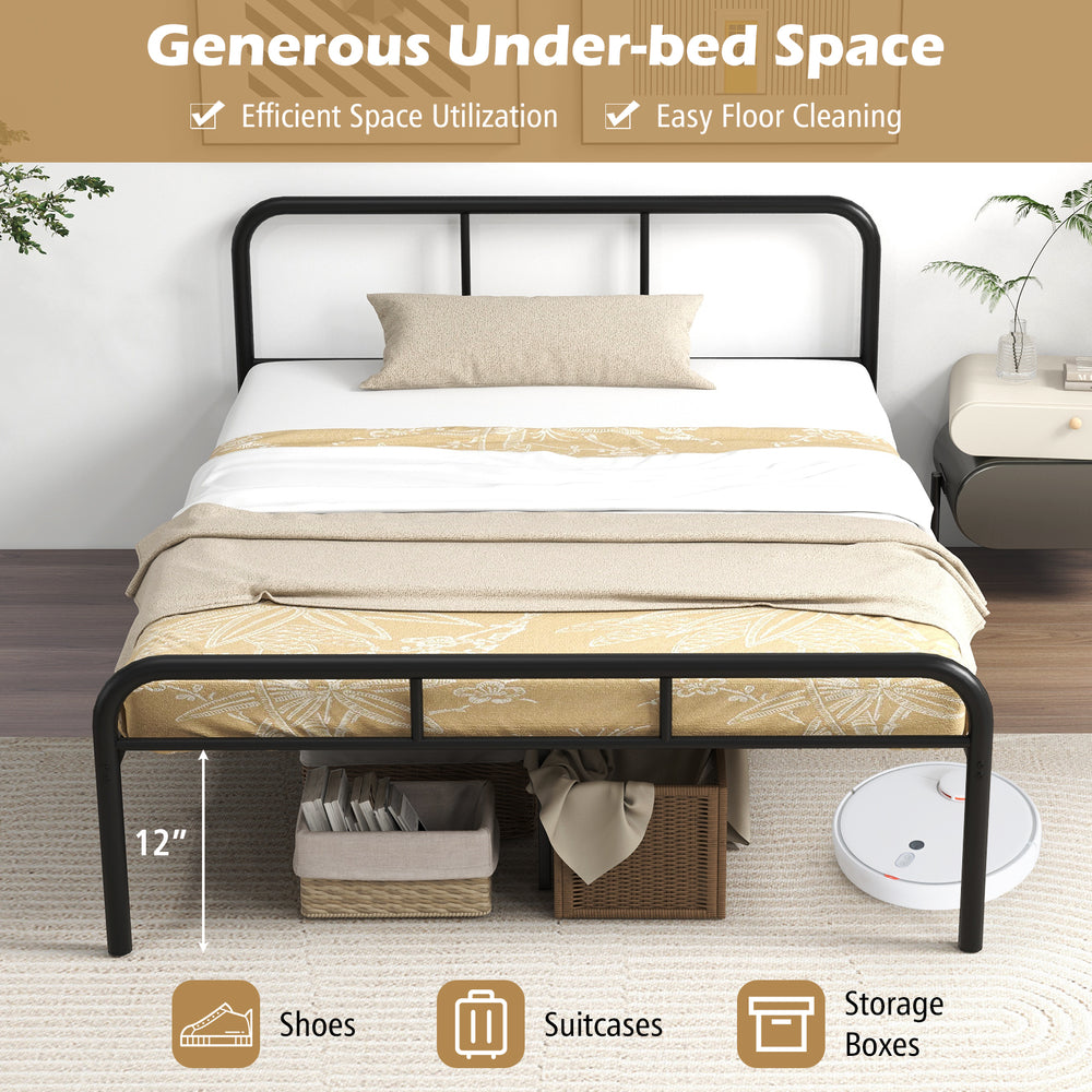 Full bed frame in black with headboard and footboard, featuring 12-inch under-bed space for storage and easy cleaning.