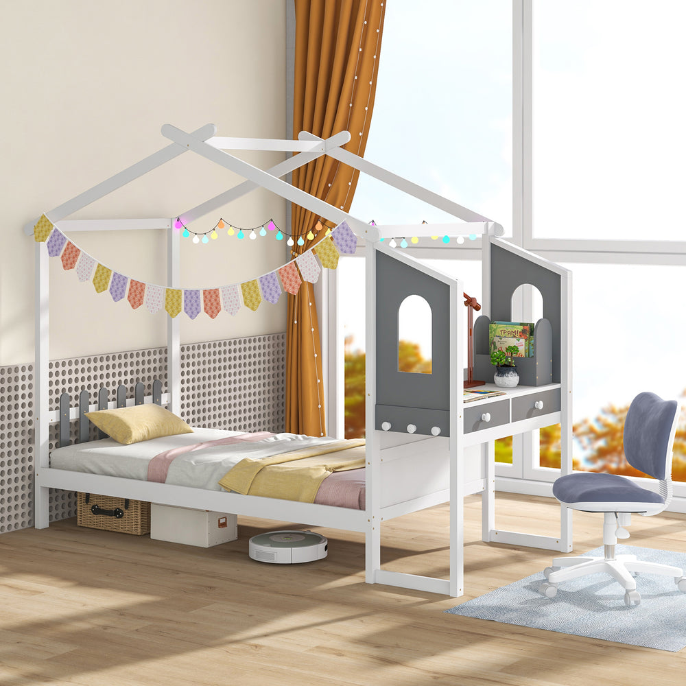 Twin/Full Bed Frame with House Roof Canopy and Fence for Kids-Full Size - Gallery View 1 of 10