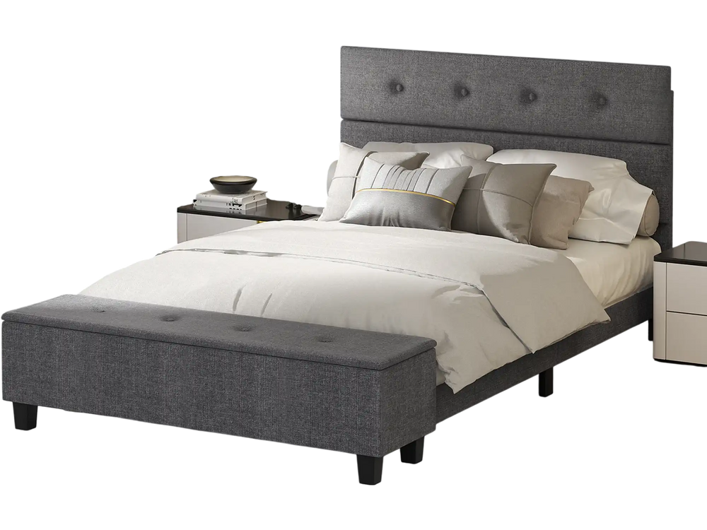 Upholstered bed frame with ottoman storage in gray, featuring a button-tufted headboard for modern bedroom decor.