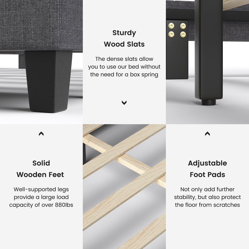 Upholstered bed frame with solid wood slats and feet, featuring ottoman storage for daily necessities and floor.