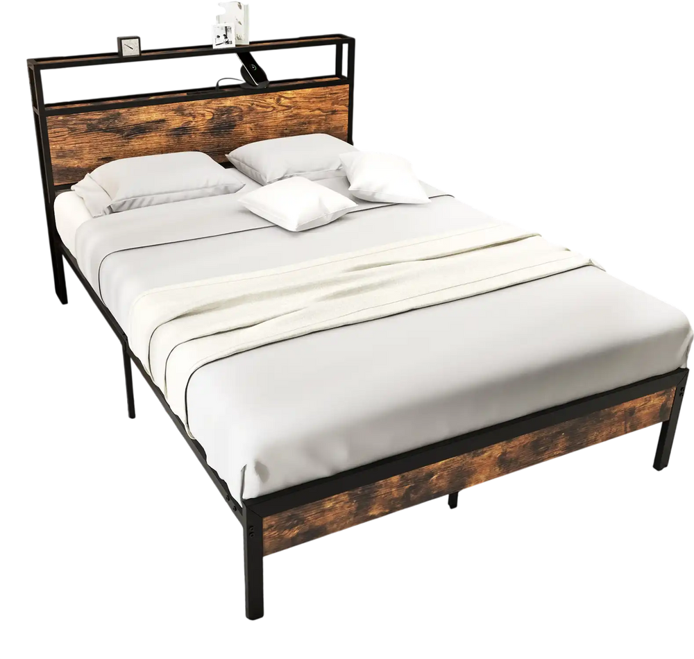 Full-size bed frame showcasing a stylish design with a storage headboard and ample under-bed space for storage.