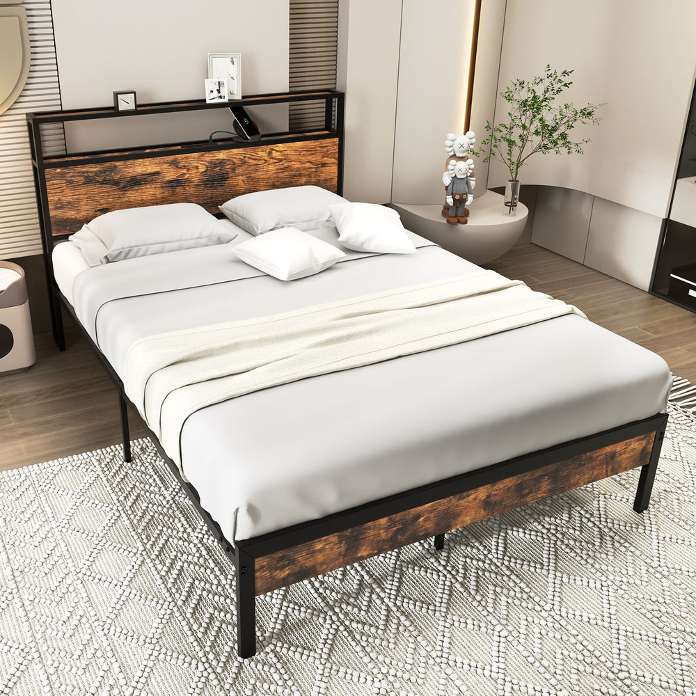 Twin/Full/Queen Bed Frame with Storage Headboard and Charging Station-Full Size - Gallery View 1 of 12
