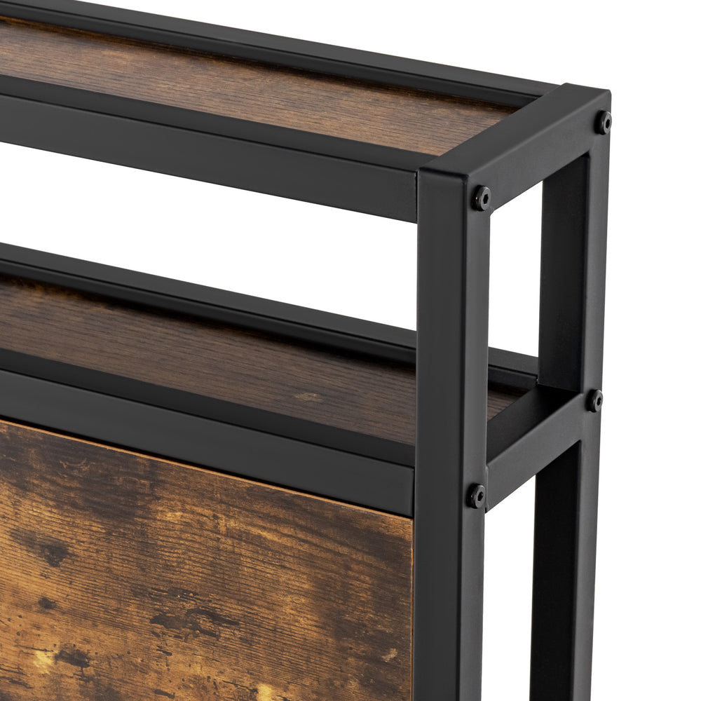 Close-up of the robust metal frame of a bed with a storage headboard and built-in charging station for convenience.