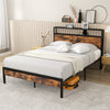 Full-size bed frame with storage headboard, charging station, and robust metal slats for sturdy support and under-bed.
