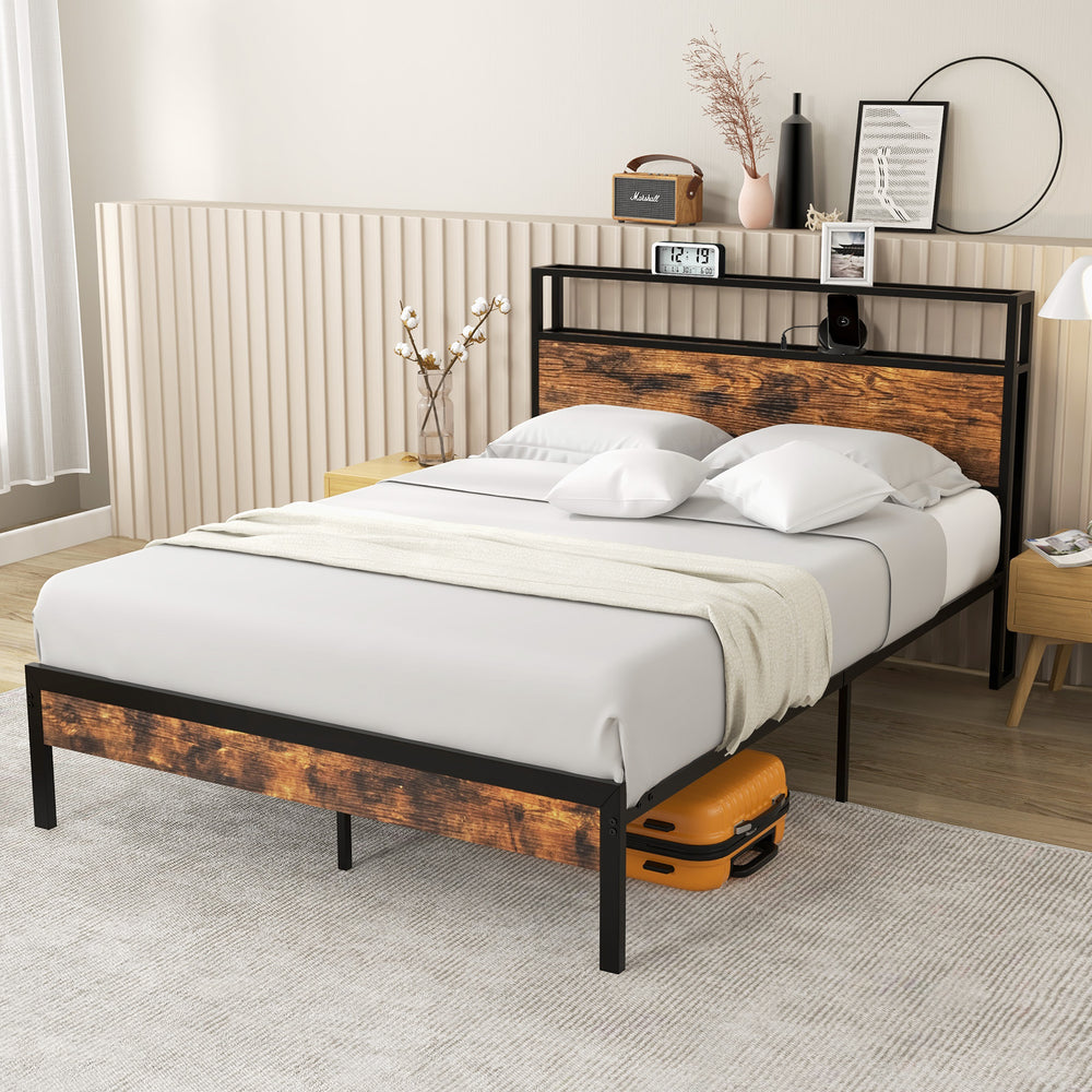 Full-size bed frame with storage headboard, charging station, and robust metal slats for sturdy support and under-bed.