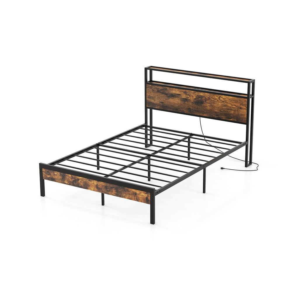 Twin/Full/Queen bed frame with storage headboard, metal slats, and built-in charging station for convenient use.