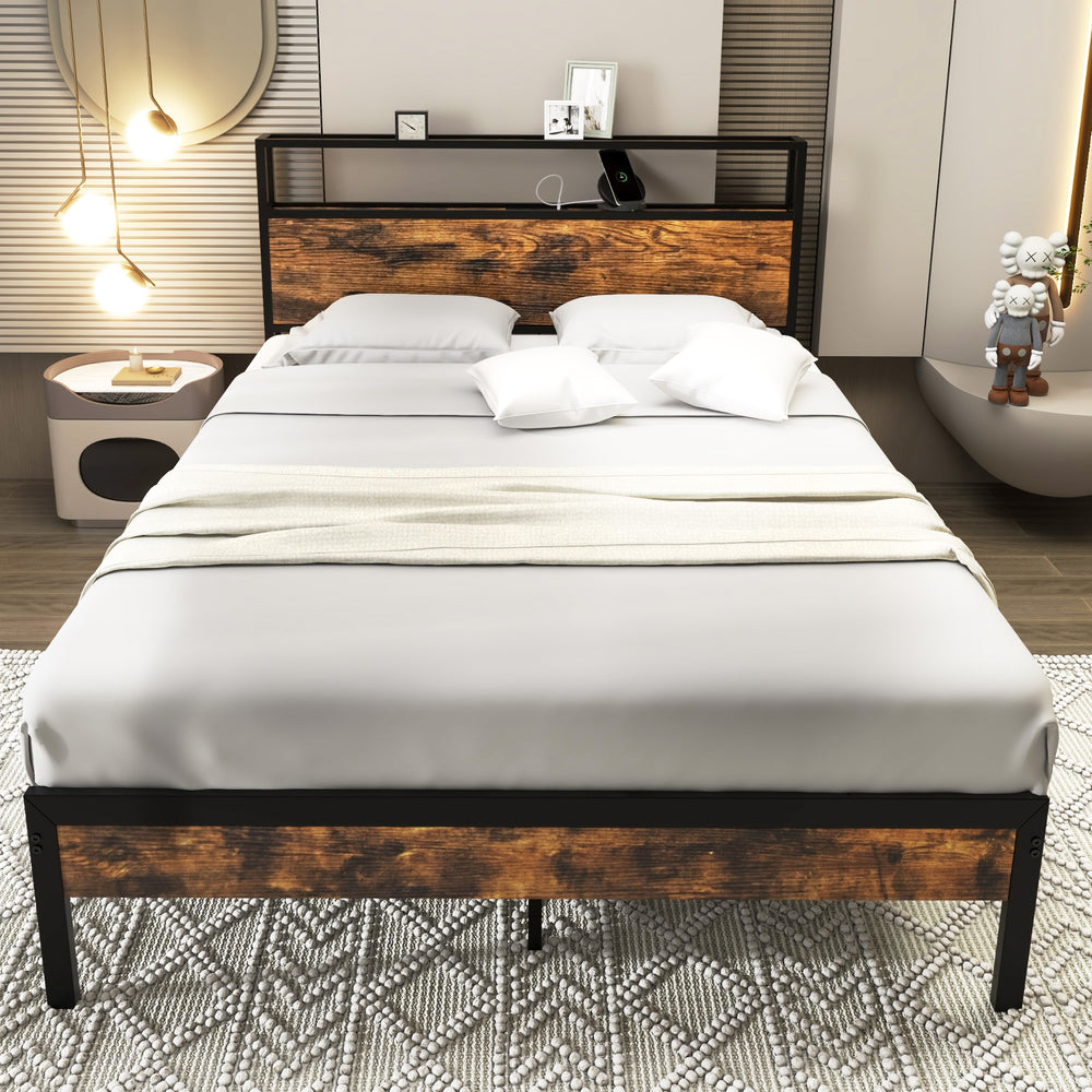 Twin/Full/Queen bed frame with storage headboard, charging station, and robust metal slats for sturdy support.
