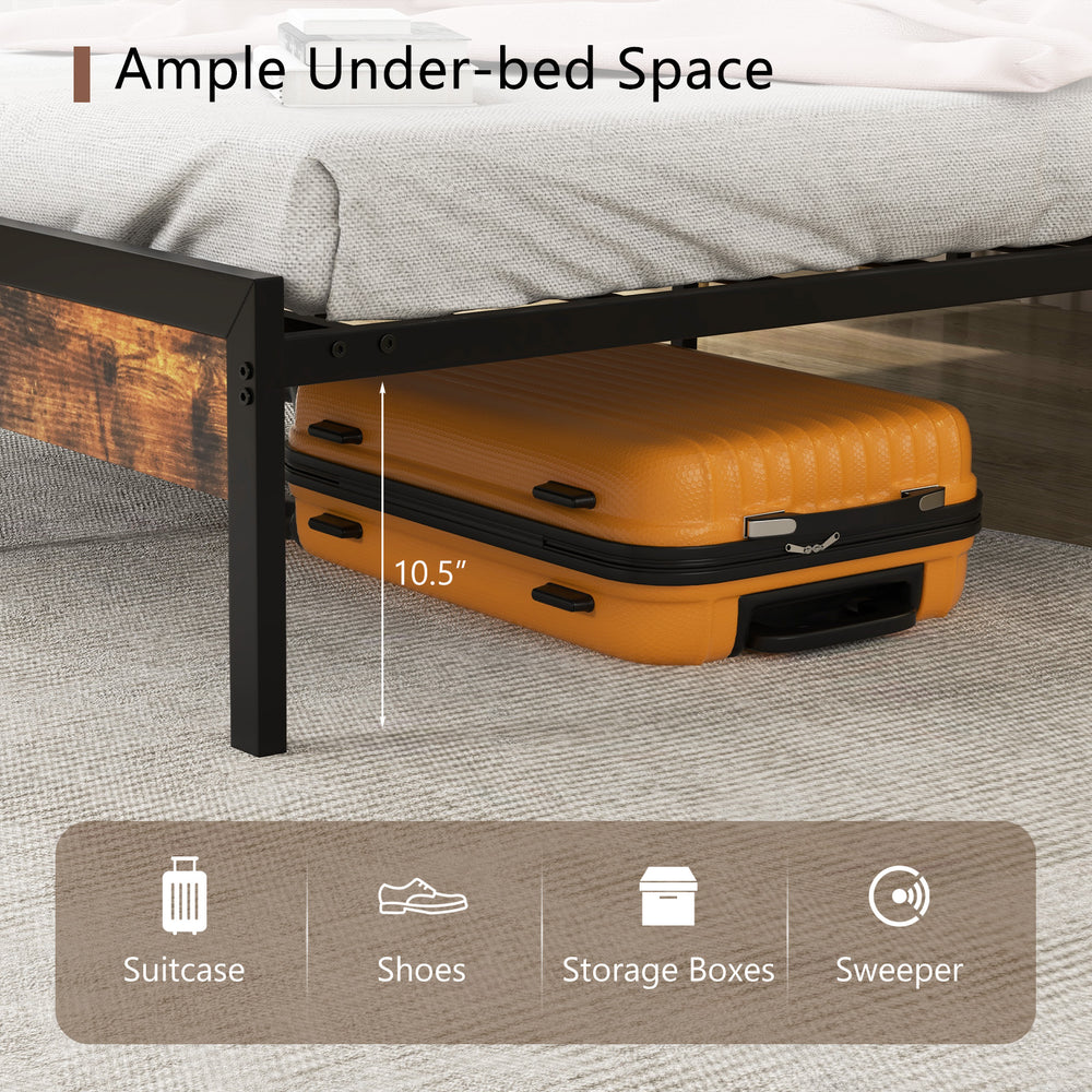 Twin/Full/Queen bed frame with 10.5" under-bed space for storage, featuring a sturdy design and charging station.