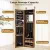 Full length mirror jewelry cabinet in rustic brown with 40 ring slots, 25 hooks, and 3 storage shelves for organized.