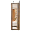 Full length mirror jewelry cabinet in rustic brown with ring slots, necklace hooks, and a makeup mirror for organized.