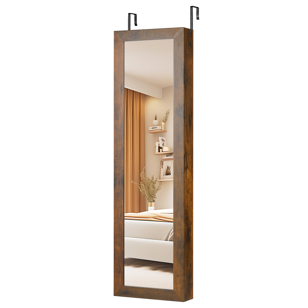 Full length mirror jewelry cabinet in rustic brown with ring slots, necklace hooks, and a makeup mirror for organized.