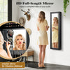 Full-length mirror jewelry cabinet in black with ring slots and necklace hooks, ideal for organized storage and stylish.