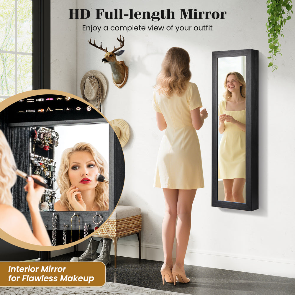 Full-length mirror jewelry cabinet in black with ring slots and necklace hooks, ideal for organized storage and stylish.