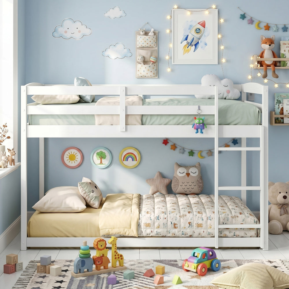 Full over full bunk bed in white solid pine wood with integrated ladder and safety guardrails for children's rooms.