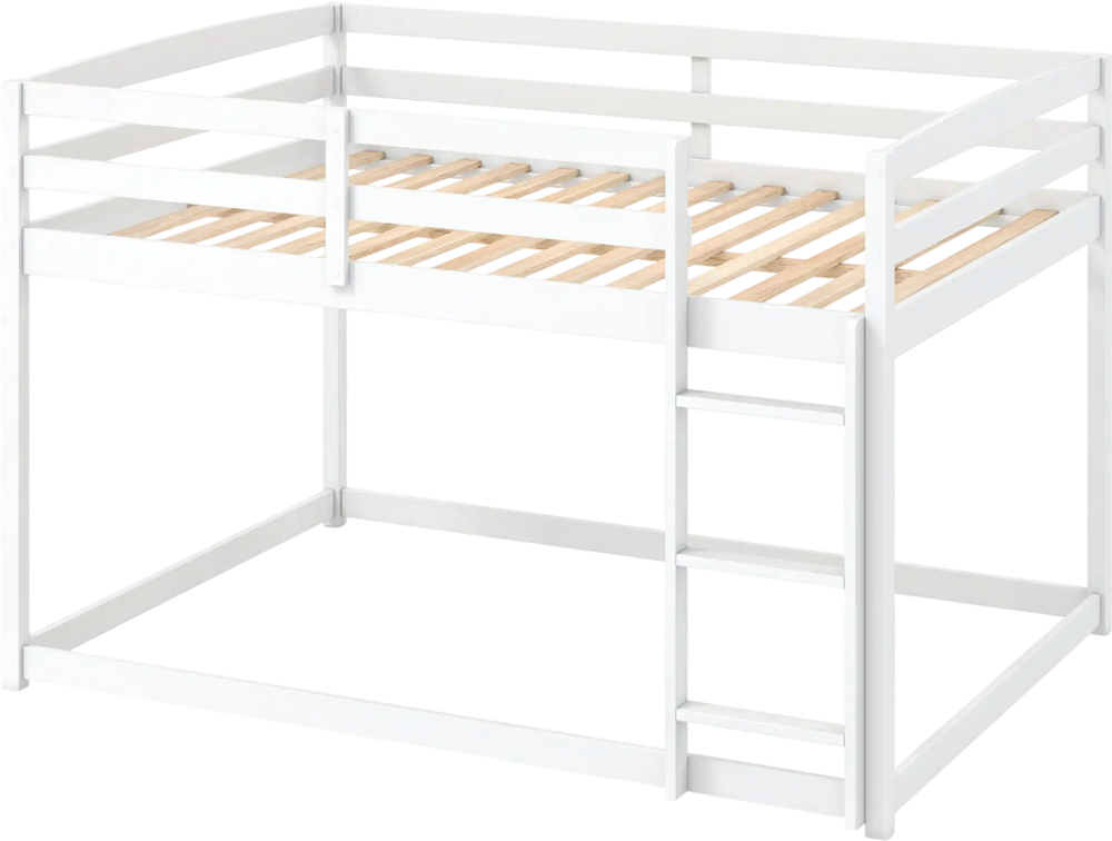 Full over full bunk bed in white with a solid pine wood frame and a 3-step ladder for easy access and stable structure.