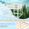 Full over full bunk bed in white solid pine wood frame with integrated ladder and safety guardrails for secure sleeping.