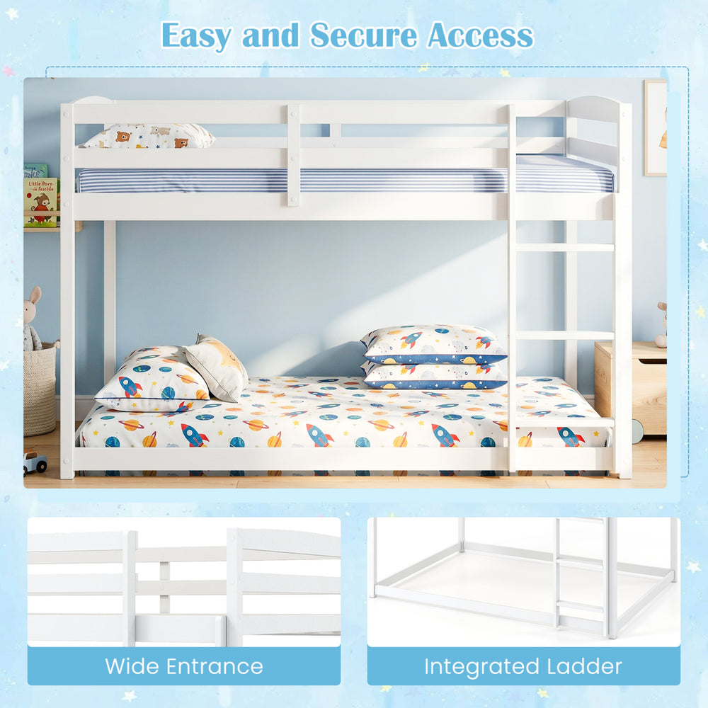 Full over full bunk bed in white with integrated ladder and safety guardrails, designed for secure and easy access.