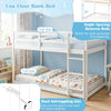 Full over full bunk bed in white with solid pine wood, integrated ladder, and safety guardrails for stable sleeping.