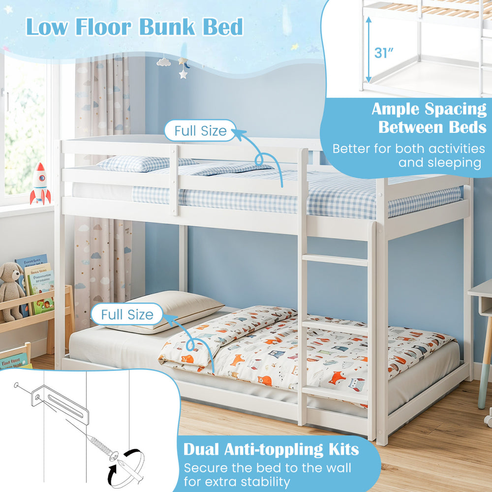 Full over full bunk bed in white with solid pine wood, integrated ladder, and safety guardrails for stable sleeping.