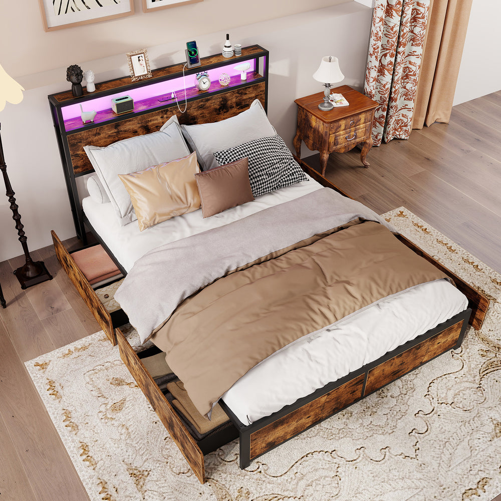 Full/Queen size LED bed frame with charging station, 4 storage drawers, and ambient lighting for organized bedrooms.