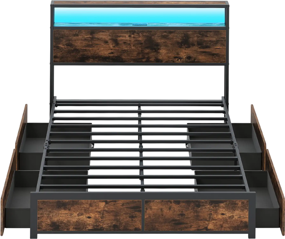 Full/Queen size LED bed frame with storage drawers, featuring a dynamic light show and convenient charging station.