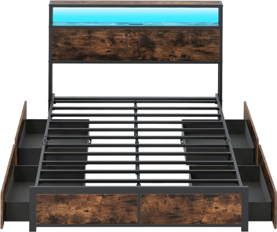 Costway Full/Queen LED Bed Frame w/ Charging Station & 4 Storage Drawers 51604398 New