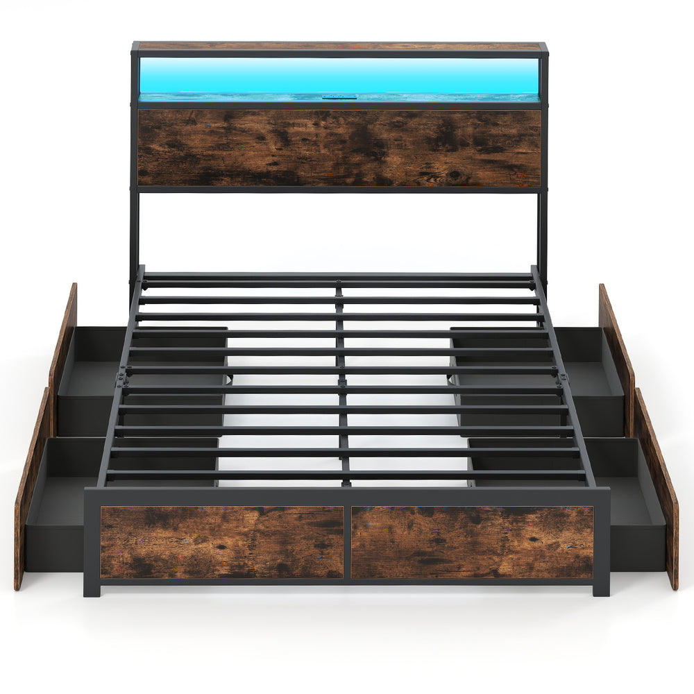 Full/Queen size LED bed frame showcasing a sturdy metal design with a stylish headboard and ample storage for.