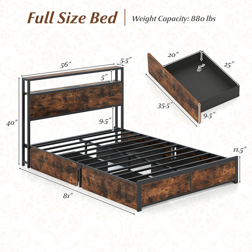 Full size LED bed frame with charging station, 4 storage drawers, and metal slats for stability and organization.