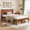 Twin size farmhouse wooden platform bed frame with headboard, styled in a cozy bedroom setting.