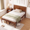 Twin size farmhouse wooden platform bed frame with headboard, featuring storage baskets underneath in a cozy bedroom.