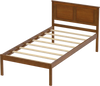 Twin size farmhouse wooden platform bed frame with headboard, showcasing a natural wood finish and slatted base.