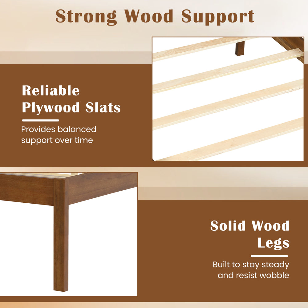 Twin size farmhouse wooden platform bed frame showcasing reliable plywood slats and solid wood legs for stability.