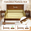 Twin size farmhouse wooden platform bed frame with headboard, showcasing slats and no box spring needed.