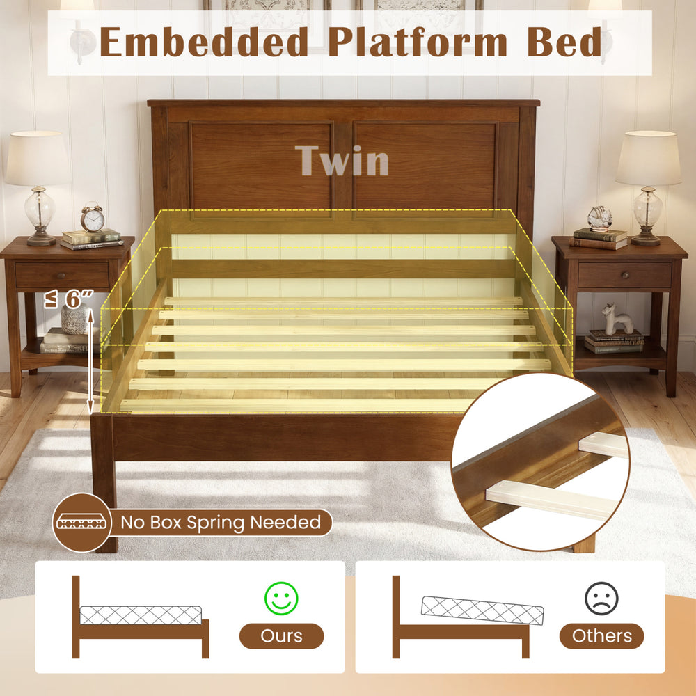 Twin size farmhouse wooden platform bed frame with headboard, showcasing slats and no box spring needed.