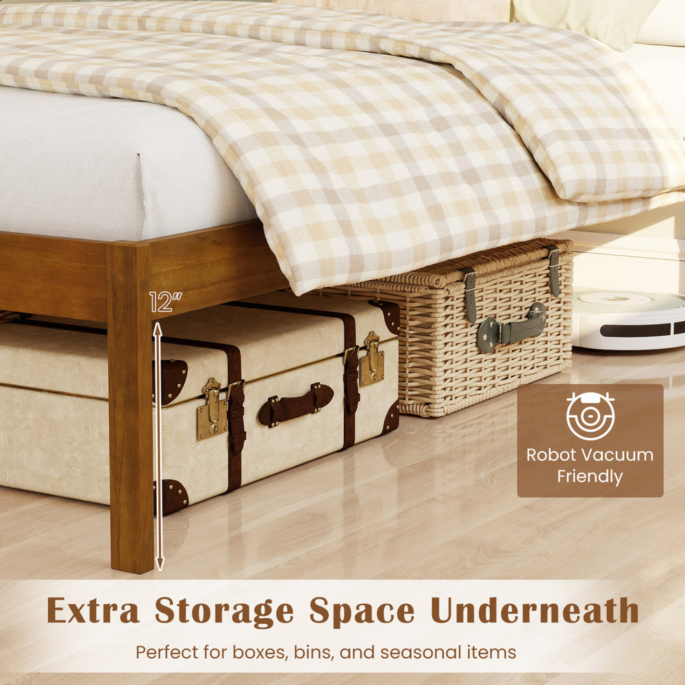 Farmhouse wooden platform bed frame with headboard, featuring 12 inches of under-bed storage for boxes and seasonal.