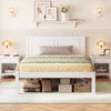 Twin size farmhouse wooden platform bed frame in white, featuring under-bed storage and styled with pastel bedding and.