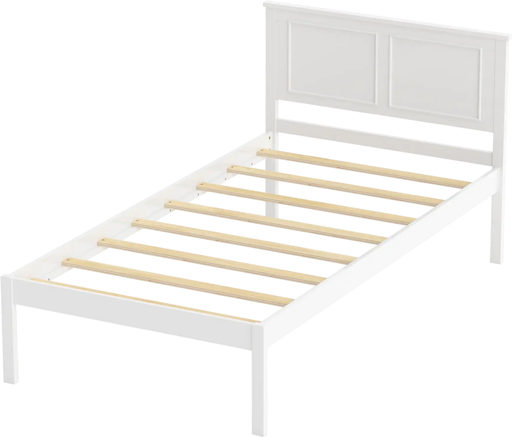 Twin size farmhouse wooden platform bed frame in white with headboard and slatted base for stylish bedroom decor.