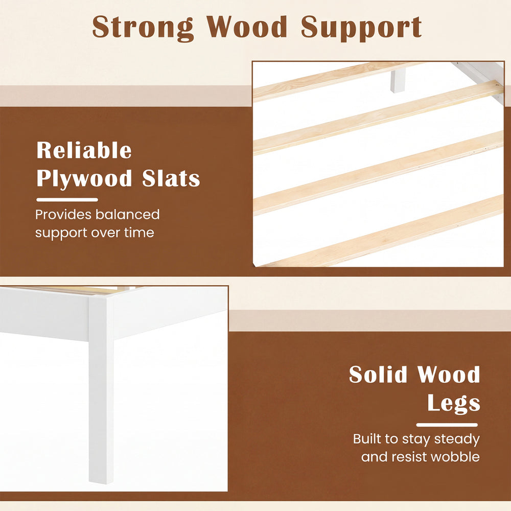 Twin size farmhouse wooden platform bed frame with reliable plywood slats and solid wood legs for sturdy support.