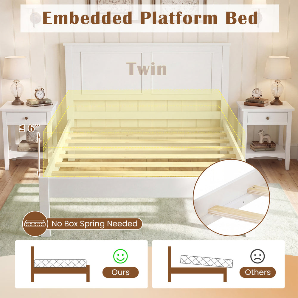 Twin size farmhouse wooden platform bed frame in white with headboard, featuring embedded slats for no box spring.