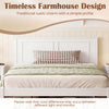 Twin size farmhouse wooden platform bed frame in white with headboard, showcasing a timeless rustic design.