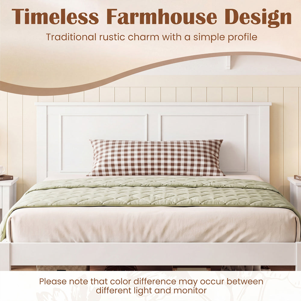 Twin size farmhouse wooden platform bed frame in white with headboard, showcasing a timeless rustic design.