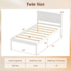 Twin size farmhouse wooden platform bed frame in white with headboard, featuring slatted support and dimensions.