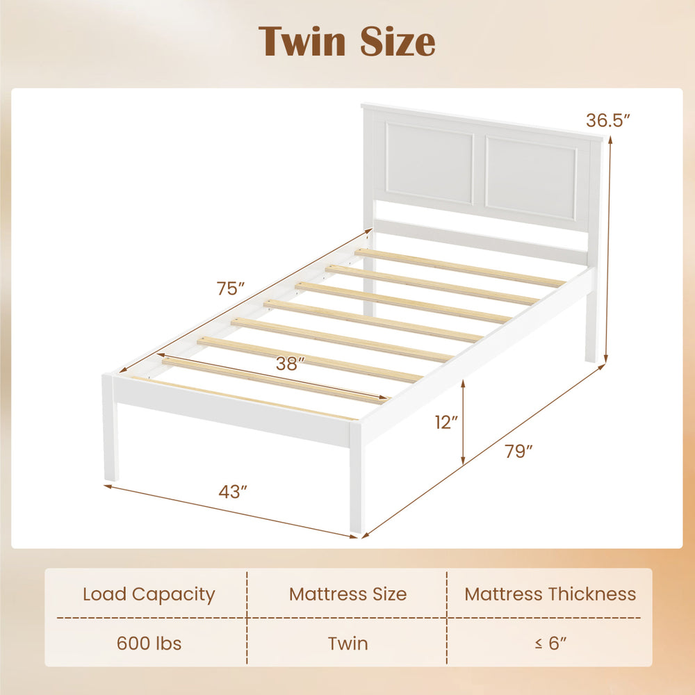 Twin size farmhouse wooden platform bed frame in white with headboard, featuring slatted support and dimensions.