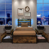 Twin size bed frame with drawers, LED lights, and USB ports, featuring a robust metal frame and slatted headboard.