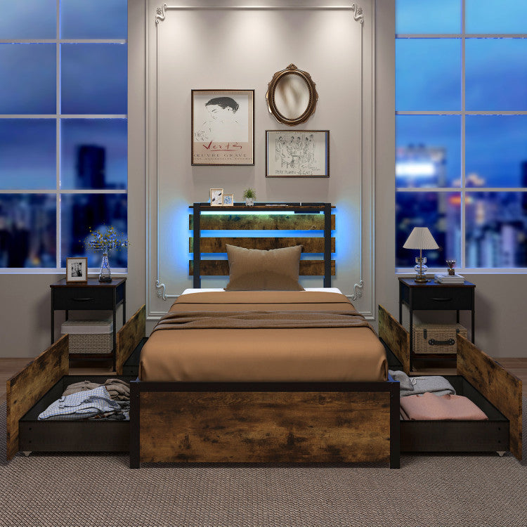 Twin size bed frame with drawers, LED lights, and USB ports, featuring a robust metal frame and slatted headboard.