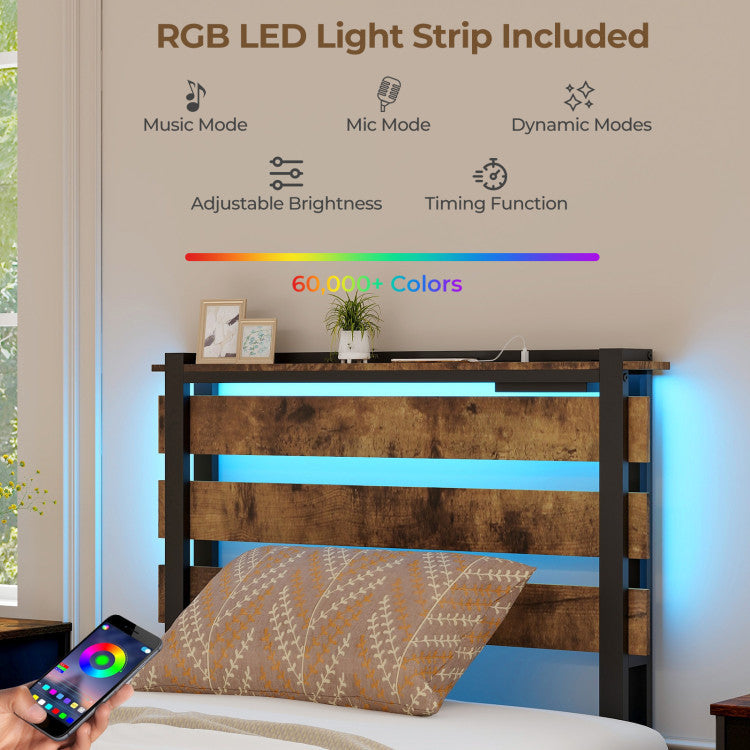 Twin size bed frame with LED lights, USB ports, and four drawers, featuring a slatted high headboard for stylish.