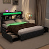 Full/Queen size bed frame with adjustable storage headboard, LED lights, and four storage drawers for modern bedroom.