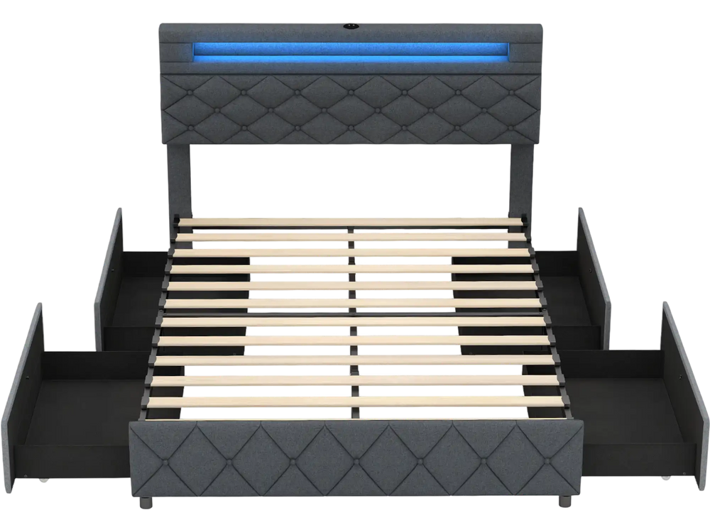 Full/Queen size bed frame with wooden slat support, featuring adjustable headboard and ambient LED light for modern.